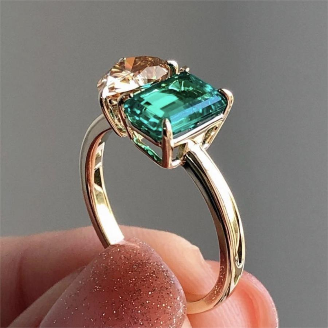 Double Main Stone Lady Green Yellow Zircon Square Stone Ring