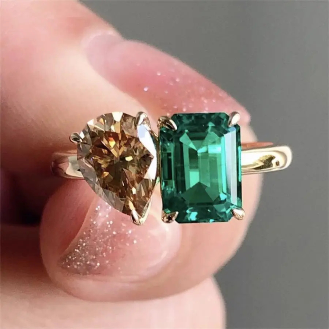 Double Main Stone Lady Green Yellow Zircon Square Stone Ring