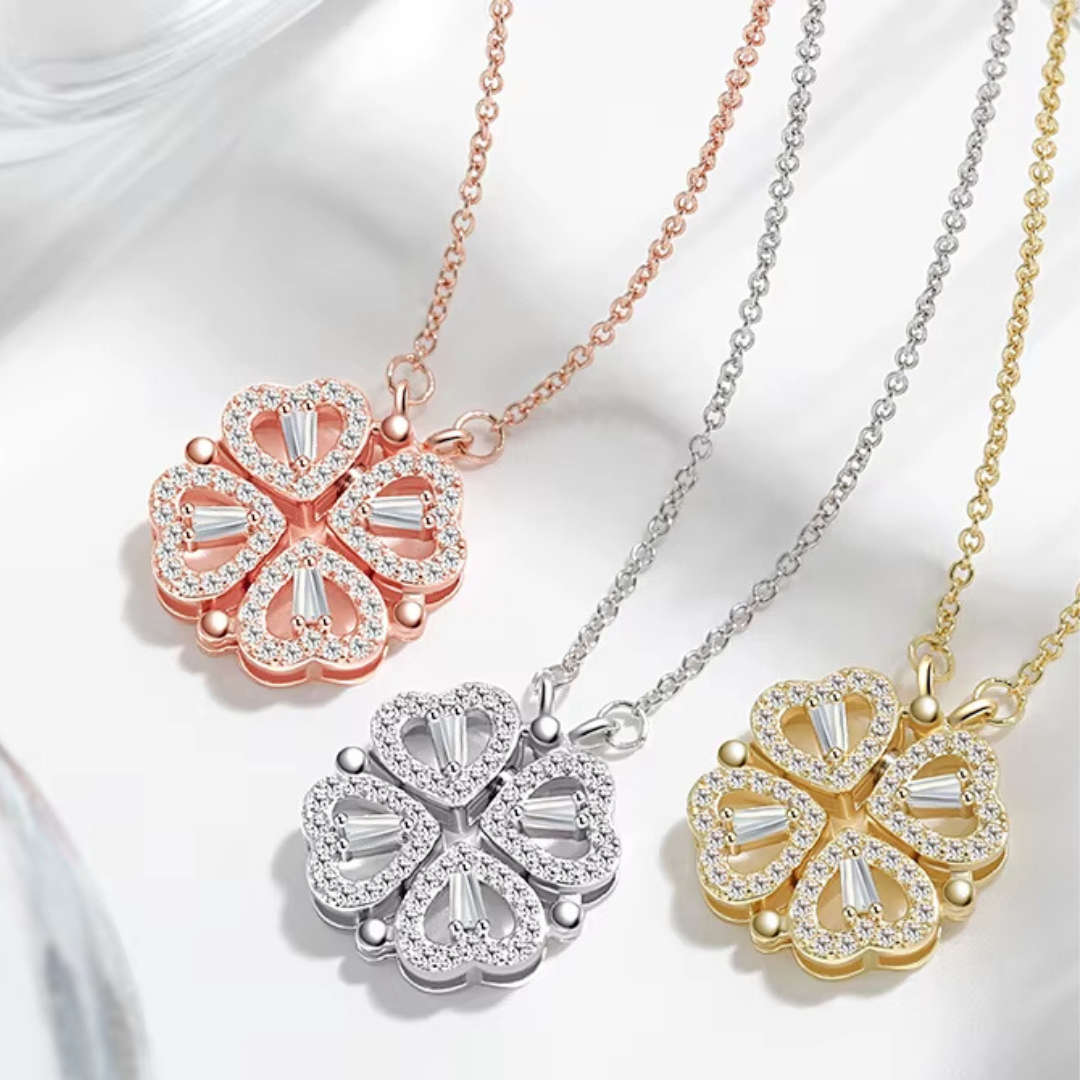 Retro Magnetic Folding Heart Shaped Four Leaf Clover Pendant Necklace Women Love Clavicle Chain Gifts Openable Choker Jewelry