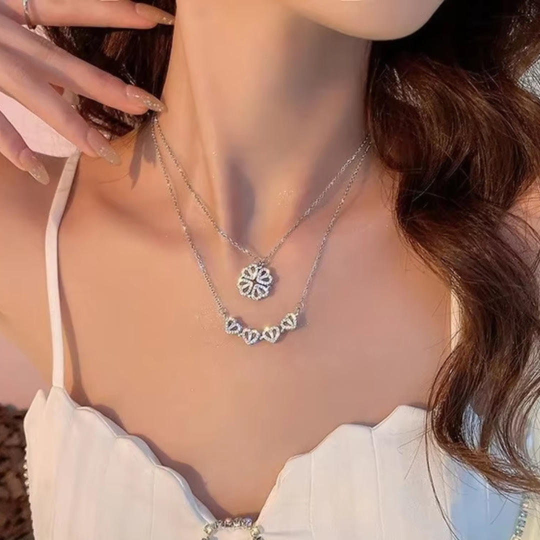 Retro Magnetic Folding Heart Shaped Four Leaf Clover Pendant Necklace Women Love Clavicle Chain Gifts Openable Choker Jewelry