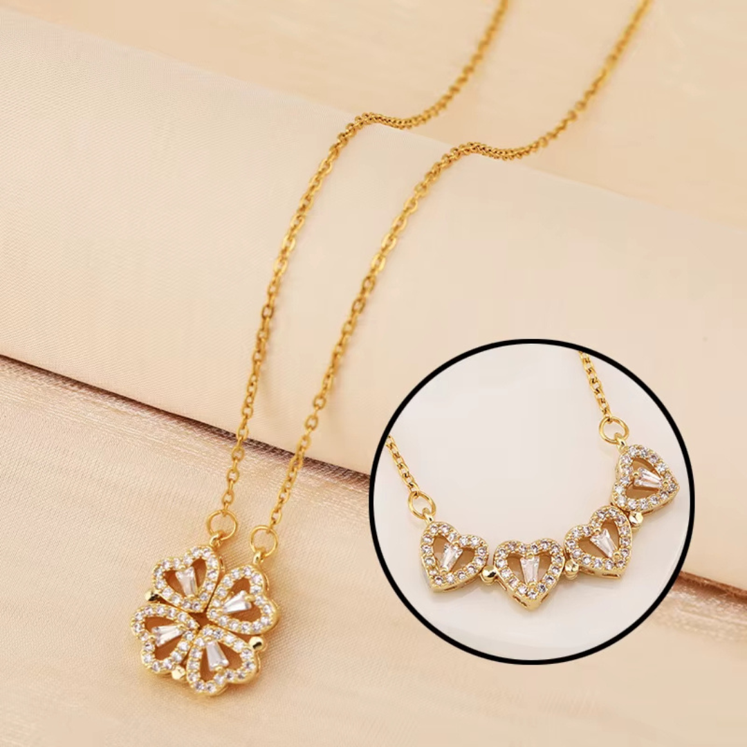 Retro Magnetic Folding Heart Shaped Four Leaf Clover Pendant Necklace Women Love Clavicle Chain Gifts Openable Choker Jewelry