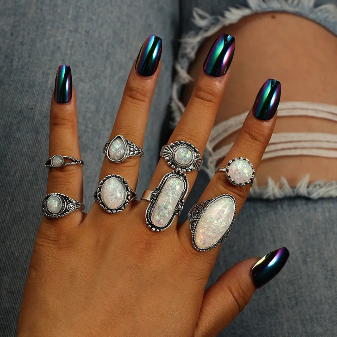Ornament Creative Geometric Opal Gem 8-Pieces Ring Set