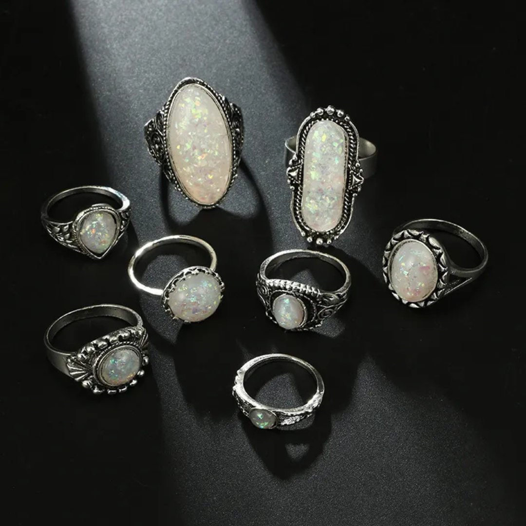Ornament Creative Geometric Opal Gem 8-Pieces Ring Set