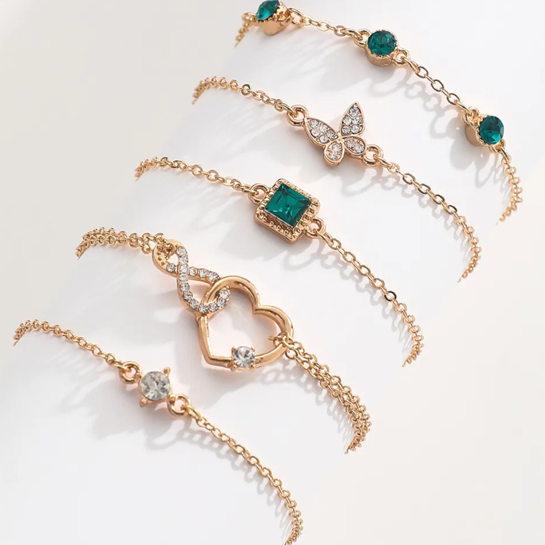 Bohemian 5pcs Green Crystal Bracelets Set For Women