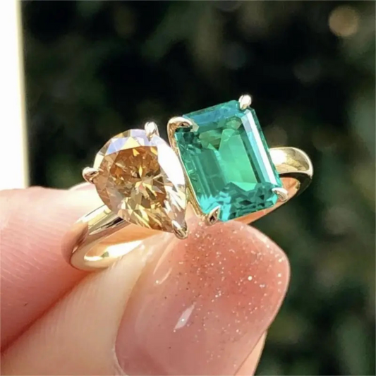 Double Main Stone Lady Green Yellow Zircon Square Stone Ring