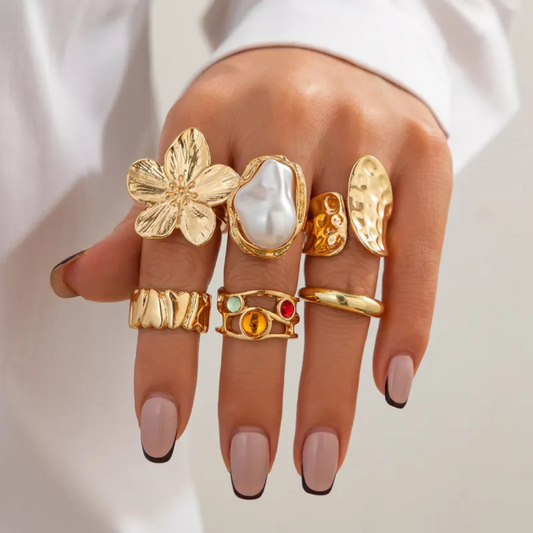 French Style Baroque Pearl 6-Pieces Ring Set