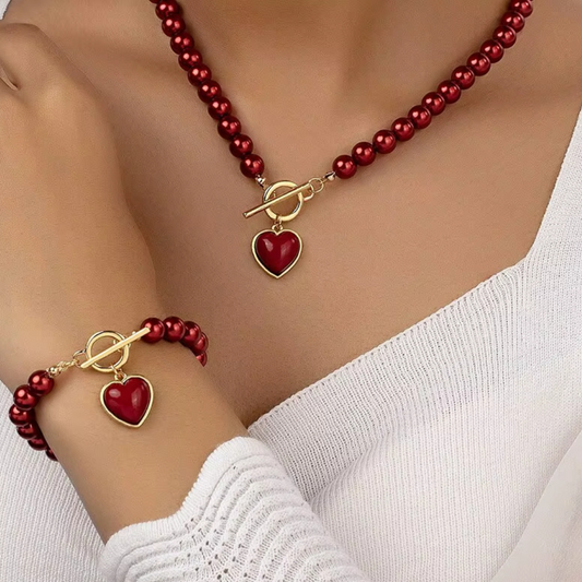 Pearl Bracelet And Necklace Set With Hearts Clavicle Chain
