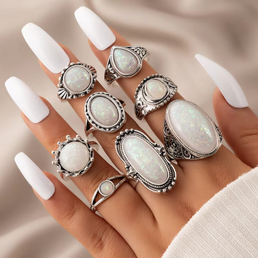 Ornament Creative Geometric Opal Gem 8-Pieces Ring Set