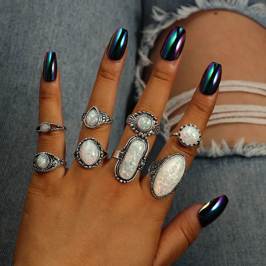 Ornament Creative Geometric Opal Gem 8-Pieces Ring Set